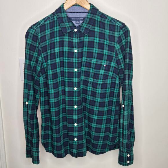 TOMMY HILFIGER Women's Blue & Green Plaid Longsleeve Button Down Shirt Size S/P - Picture 1 of 10